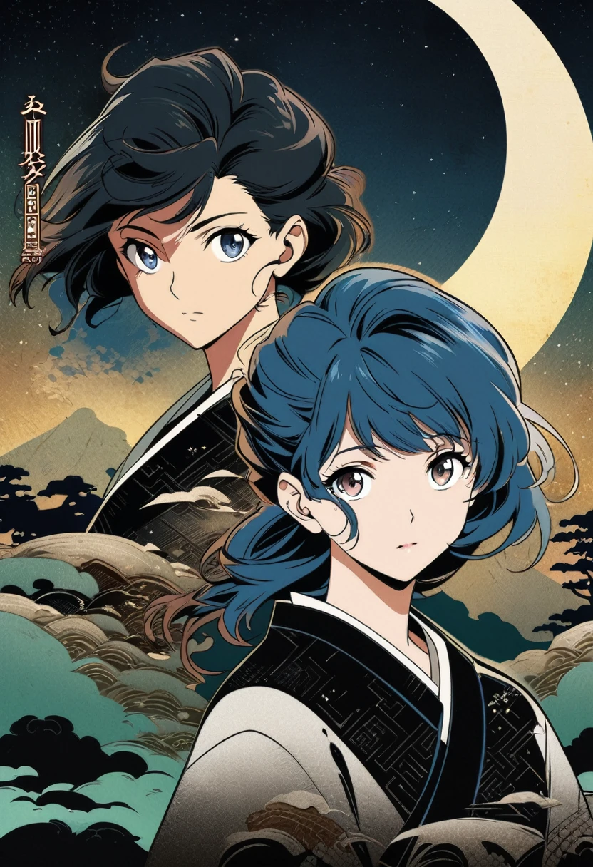 a couple in love under a full moon and starry sky, detailed anime style portrait, ancient chinese ink painting style art, manga cover style, moon behind them, clean and detailed anime style, guys, digital anime illustration, detailed and clean anime art, detailed manga style, illustration anime, anime style illustration, 4k anime style, detailed digital anime art