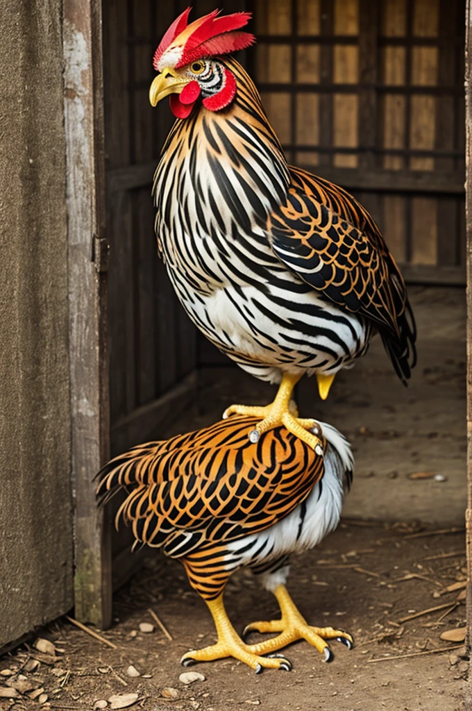 Feathered chicken wearing tiger striped pajamas