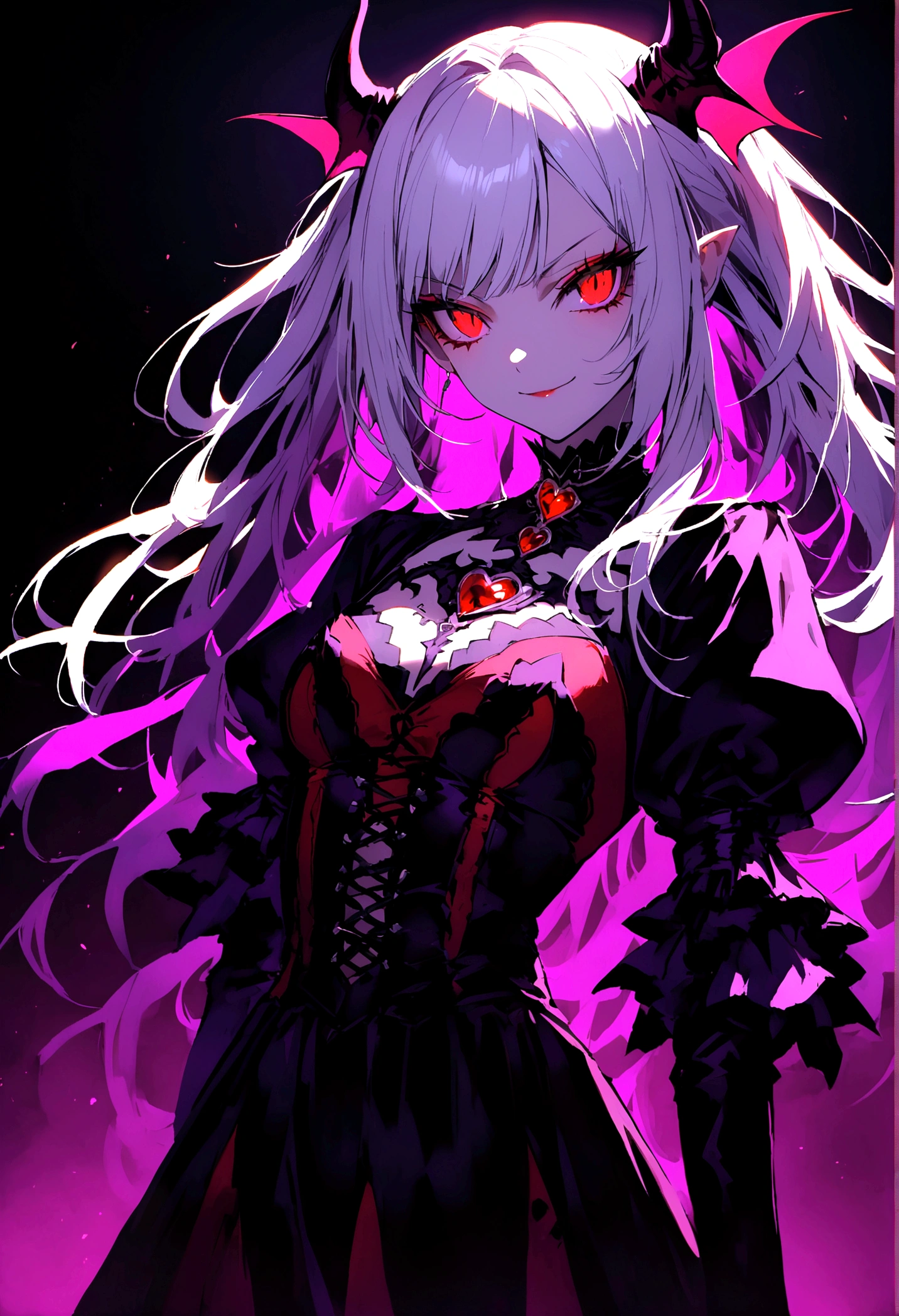 Gothic demon girl with white hair and red eyes with serious and flirtatious smile standing on dark background with purple tones