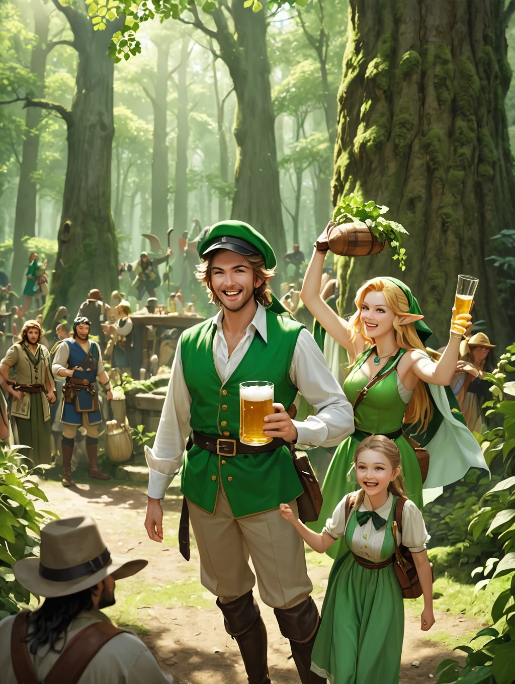 Still from a film in realistic art style，A group of happy The Legend of Zelda characters, (Male and female)Wearing various game culture costumes，They hold beer mugs，Gathering in an ancient forest，There is food and drinks，Celebrate St. Patrick&#39;s Day，Shamrock，Perfect hands，Shooting from above，at night，bad-quality，Low quality，Shallow depth of field，Vignette，Highly detailed，High Budget，Bokeh，Widescreen，Moody，epic，gorgeous，Film Grain，Graininess