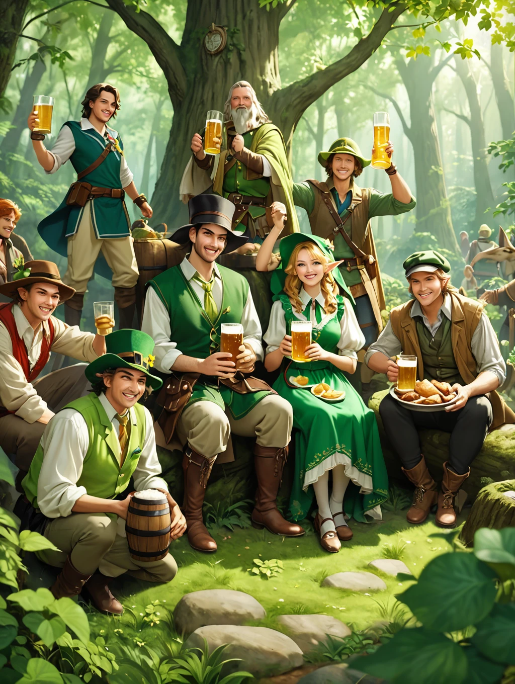 Still from a film in realistic art style，A group of happy The Legend of Zelda characters, (Male and female)Wearing various game culture costumes，They hold beer mugs，Gathering in an ancient forest，There is food and drinks，Celebrate St. Patrick&#39;s Day，Shamrock，Perfect hands，Shooting from above，at night，bad-quality，Low quality，Shallow depth of field，Vignette，Highly detailed，High Budget，Bokeh，Widescreen，Moody，epic，gorgeous，Film Grain，Graininess