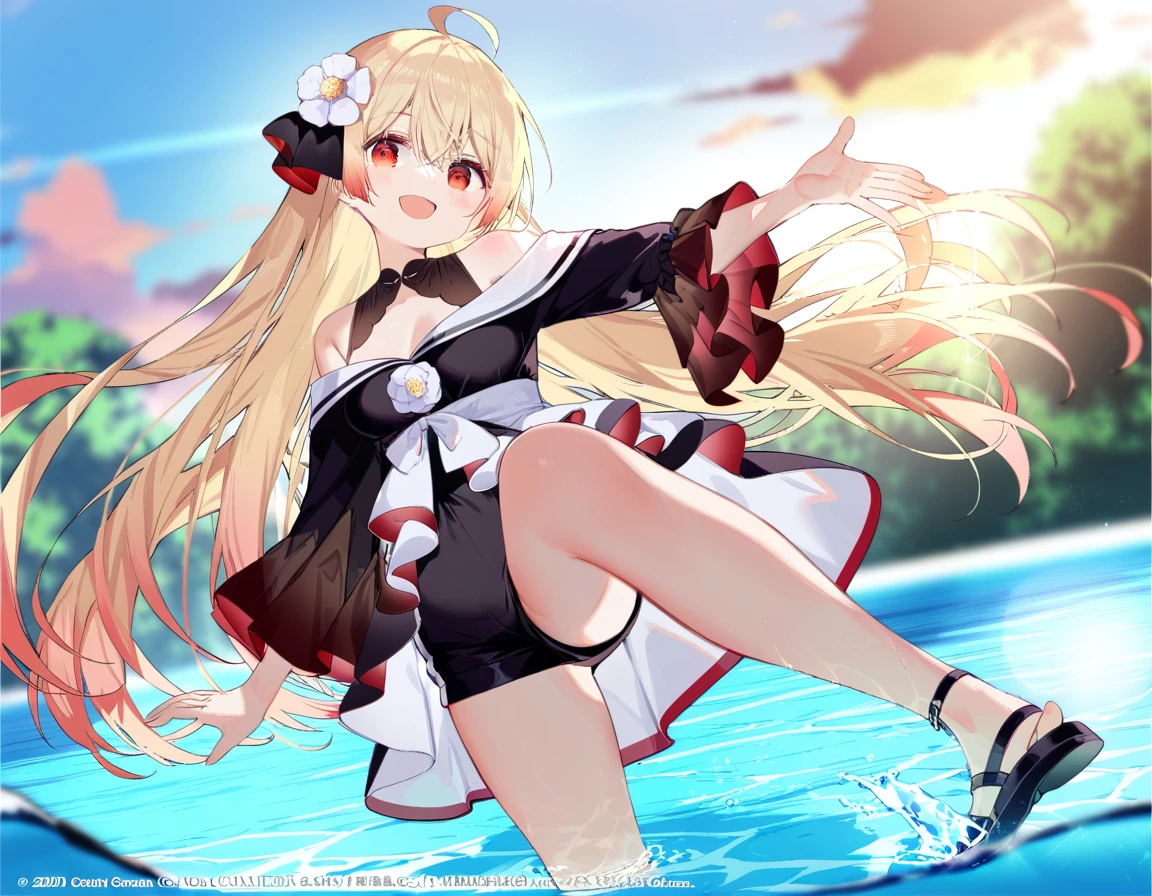 1girl, (by azumi kazuki:1.1), by ciloranko:1.1, (by omone_hokoma_agm:1.1), ((absurdres, official art, masterpiece)), best aesthetic, best quality, ultra detailed, intricate details, new, newest, glossy hair, moist skin, 18 years old, adult woman, medium breasts, blurry background, depth perception, solo, subject focus:1.1, depth perception, empty eyes, red eyes, solo, outdoors, long hair, shorts, water, ahoge, looking at viewer, long sleeves, sunset, standing, bare shoulders, hair ornament, black shorts, sandals, smile, wading, open mouth, sky, standing on one leg, shirt, flower, sun, hair between eyes, short shorts, blonde hair, very long hair, :d, dress, white flower, outstretched arm, cloud, off shoulder, black footwear
