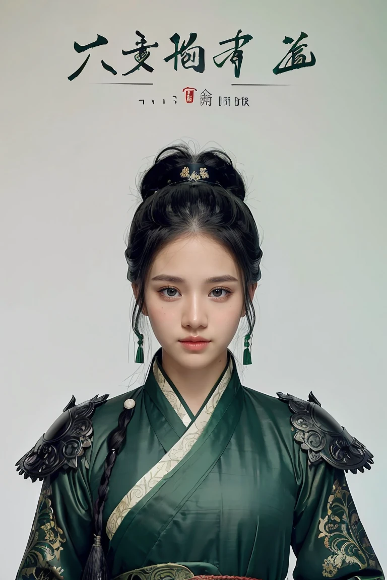 1 girl, heroine, handsome, splashed ink, Chinese armor, (upper body), black hair, floating hair, delicate eyes, black and green antique damask Hanfu, fov, (f1.8), (masterpiece), (portrait shot), front shot, white background, (movie poster), weapon