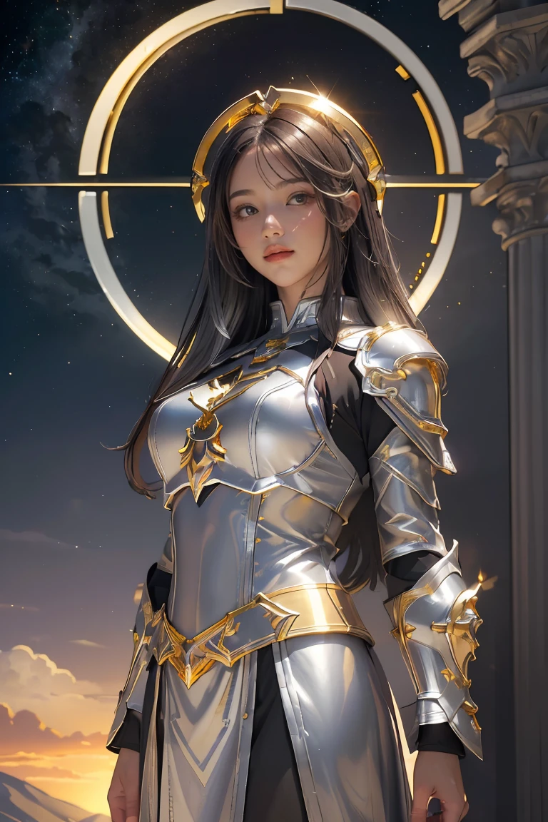 ((masterpiece, best quality, extremely detailed), volumetric lighting, ambient occlusion, colorful, glowing), 1girl, solo, young girl, (dark hair), long hair, halo, aura, sacred, goddess, cleric suit, (silver outfit with gold detailst:1.3), armor, outdoors, sunset, sky, clouds, space, (fantasy theme:1.2),