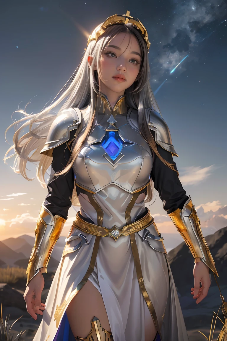 ((masterpiece, best quality, extremely detailed), volumetric lighting, ambient occlusion, colorful, glowing), 1girl, solo, young girl, (dark hair), long hair, halo, aura, sacred, goddess, cleric suit, (silver outfit with gold detailst:1.3), armor, outdoors, sunset, sky, clouds, space, (fantasy theme:1.2),