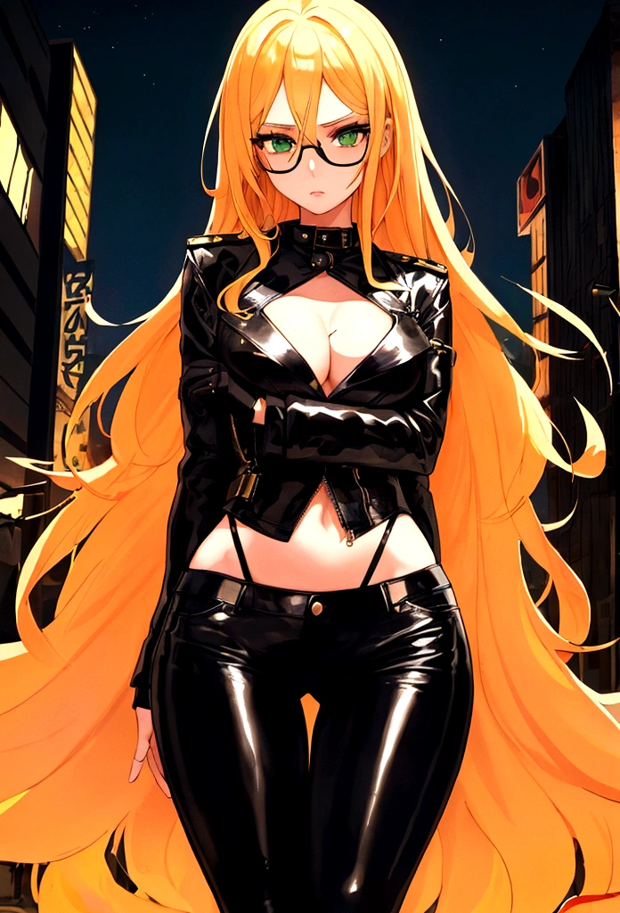 a beautiful girl, with long blonde hair, who wears black glasses, with wide hips, narrow waist, flat chest, pretty face, with green eyes, 18 years, perfect and glowing skin, wearing flared leather pants and a leather jacket, with an orange blouse, whole body, That is in a city at night.