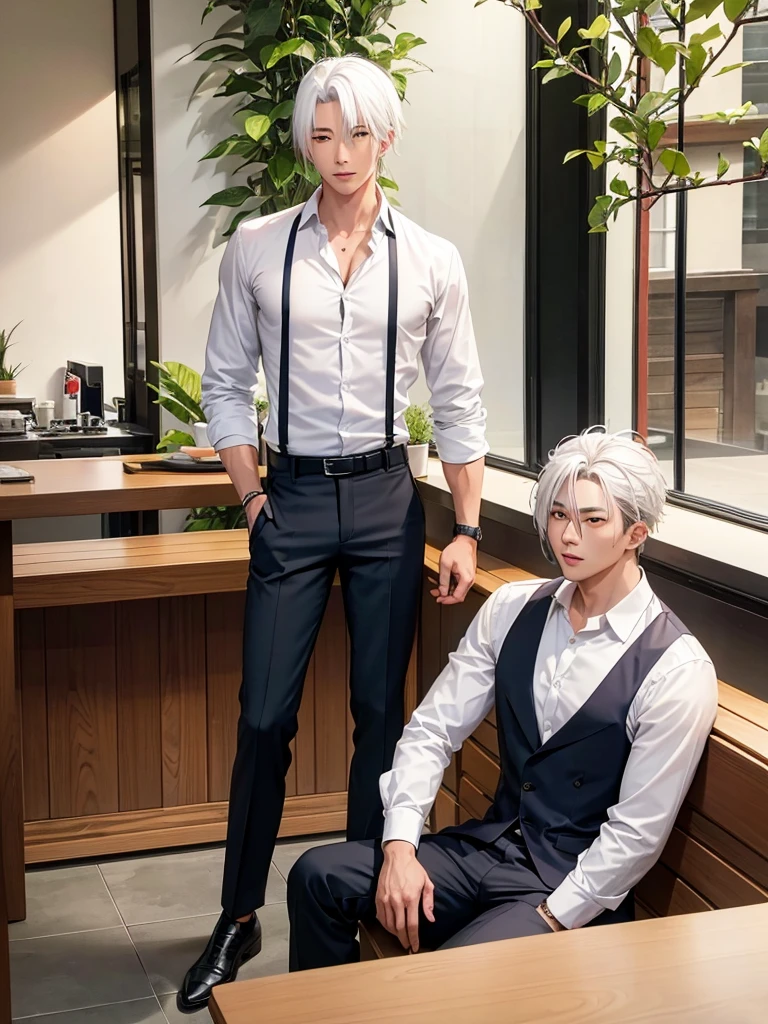 Photo of a handsome Asian man, sitting alone, White hair, red eye, is drinking avocado juice, bar table, wear casual outfits, fine quality, Good, photos taken by professional photographers