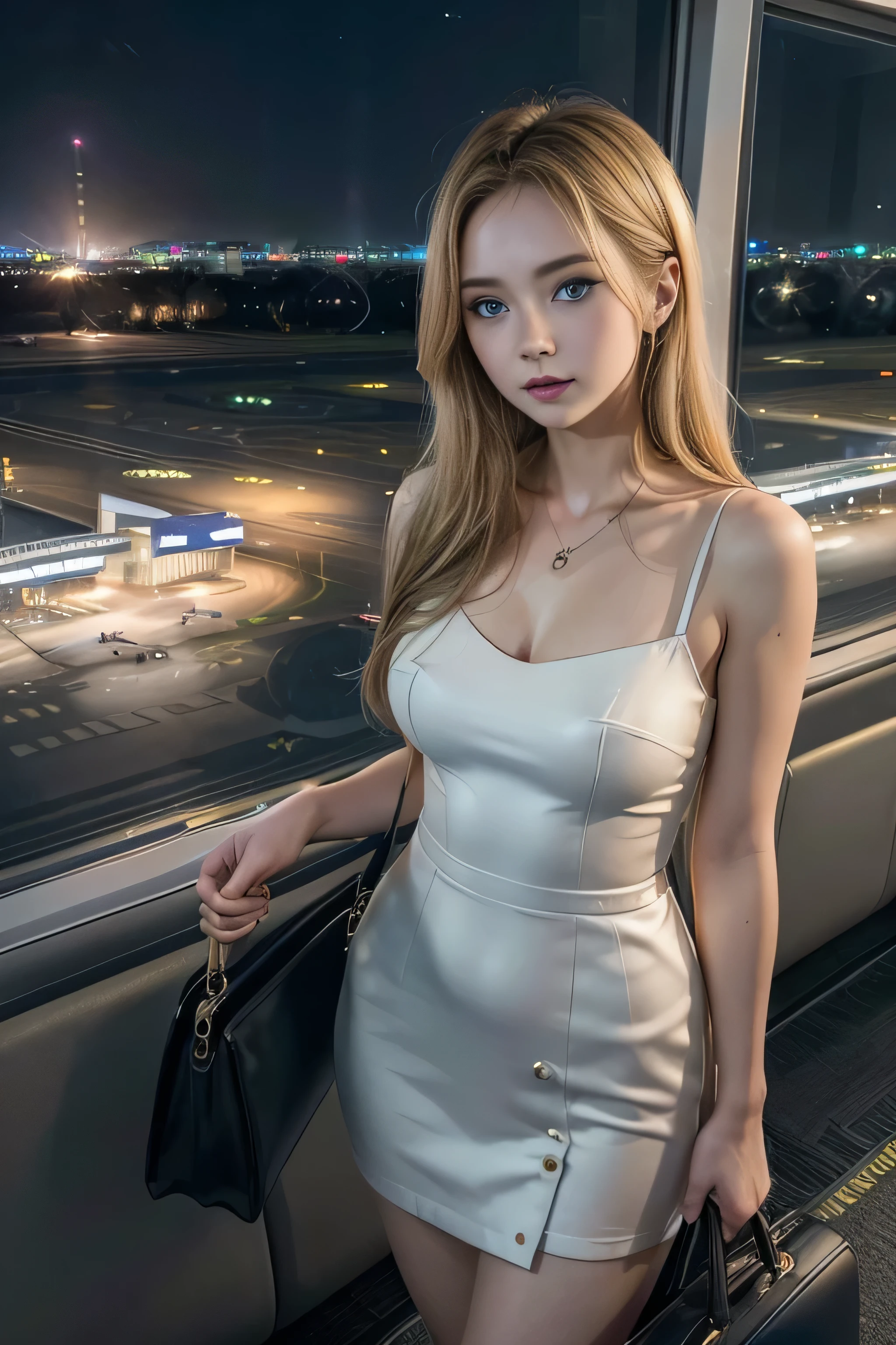 Highest quality、(16K high resolution)、Very detailed、masterpiece、(Live Shooting:1.5)、Genuine:1.5、photoGenuineistic:1.5、Very delicate and beautiful、Fine details、1 female、(Europe:1.8)、Early 20s、(so beautiful)、(Super beautiful face)、(Golden Hair)、(Beautiful blue eyes)、Putting on makeup、(Standing in the airport departure lobby at night:1.2)、(In the background, an airplane can be seen from an airport window.:1.5)