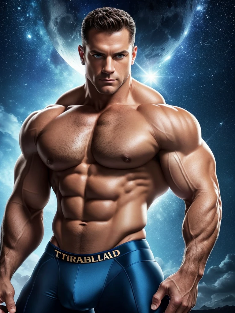 filmposter，wide angles，。aged 40，，blue colored eyes，The body of a bodybuilder，Muscular very developed，sexy muscular body，muscular attractive man，muscle men，，small heads，Handsome，Short brown curly hair，Dark brown tight velvet suit，minimalistic background，Clean composition，intense detail，pastel colour，Hasselblad - original style(8k，tmasterpiece，Best quality，A high resolution，ultra - detailed)，natta，starrysky，extreme light，themoon，looking at viewert，Front view，