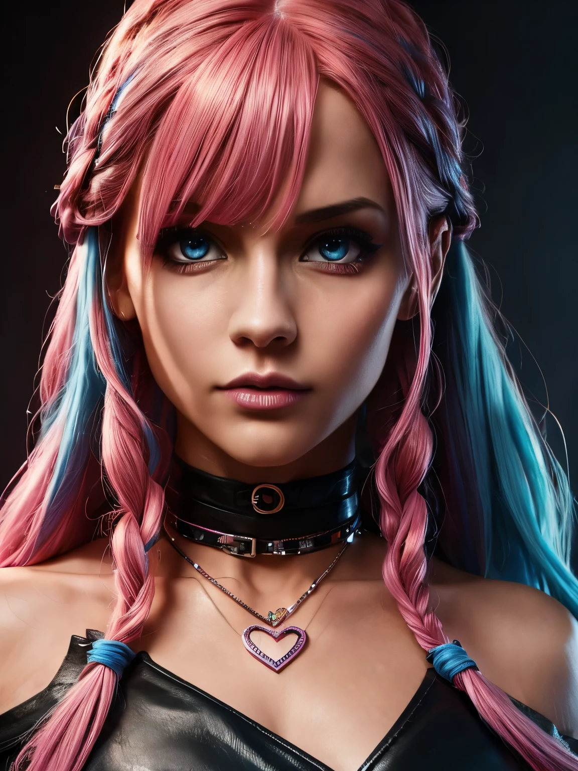 portrait, female, 28 years old, long flowing blue braided hair, pink hair highlight, thin body, fit, serious, close up, piercing orange eyes, heart pupil, bangs between eyes, medium , jewel necklace, pink hair tie, black leather jacket off shoulder,