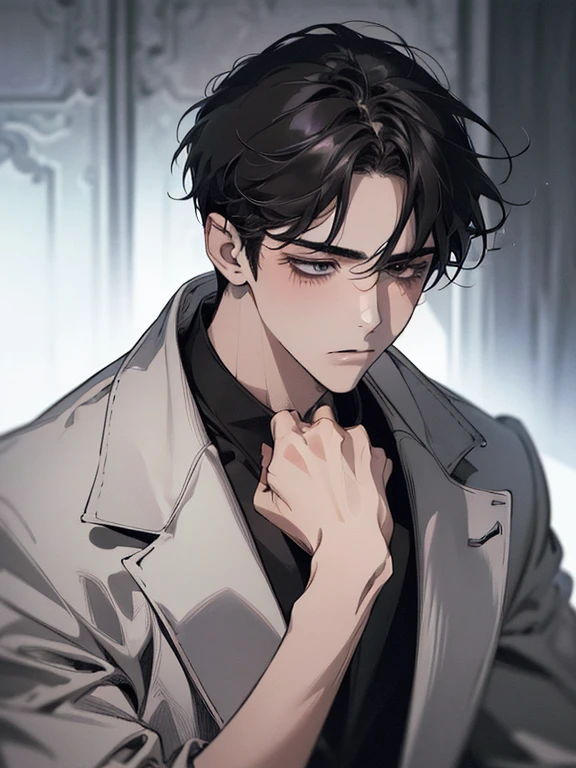 (best quality digital art digital illustration 4k high resolution beautiful image hyper-detailed image perfect lines soft lighting night environment focus face soft zoom) (1:1 photorealistic) (neutral colors hdr 1.4) a young adult man (thoughtful expression) black and white modern clothes black eyes medium black hair
