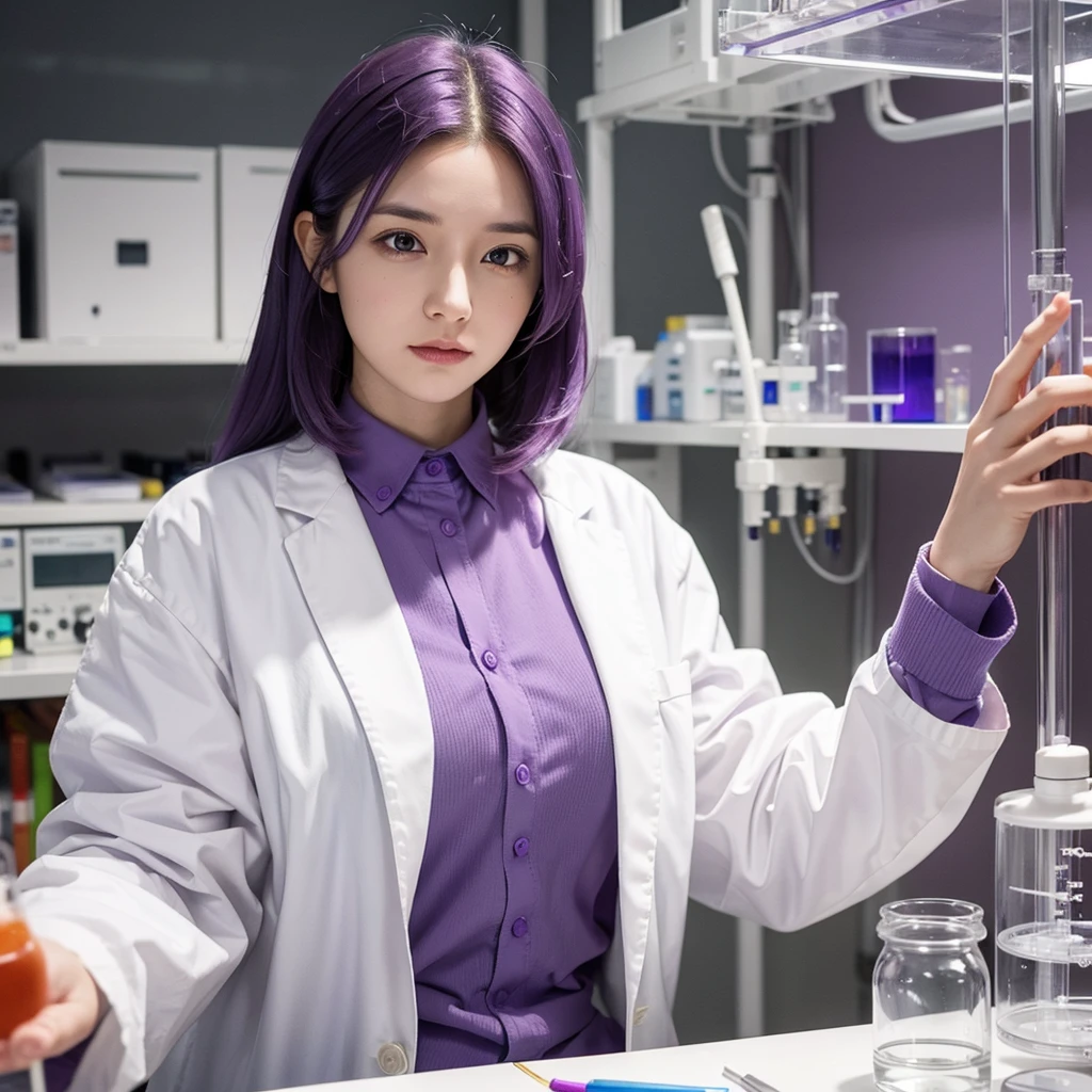 A female scientist wearing a white lab coat with purple hair and a purple shirt. She has a calm and logical expression, with a laboratory background and chemistry equipment arranged on the table.