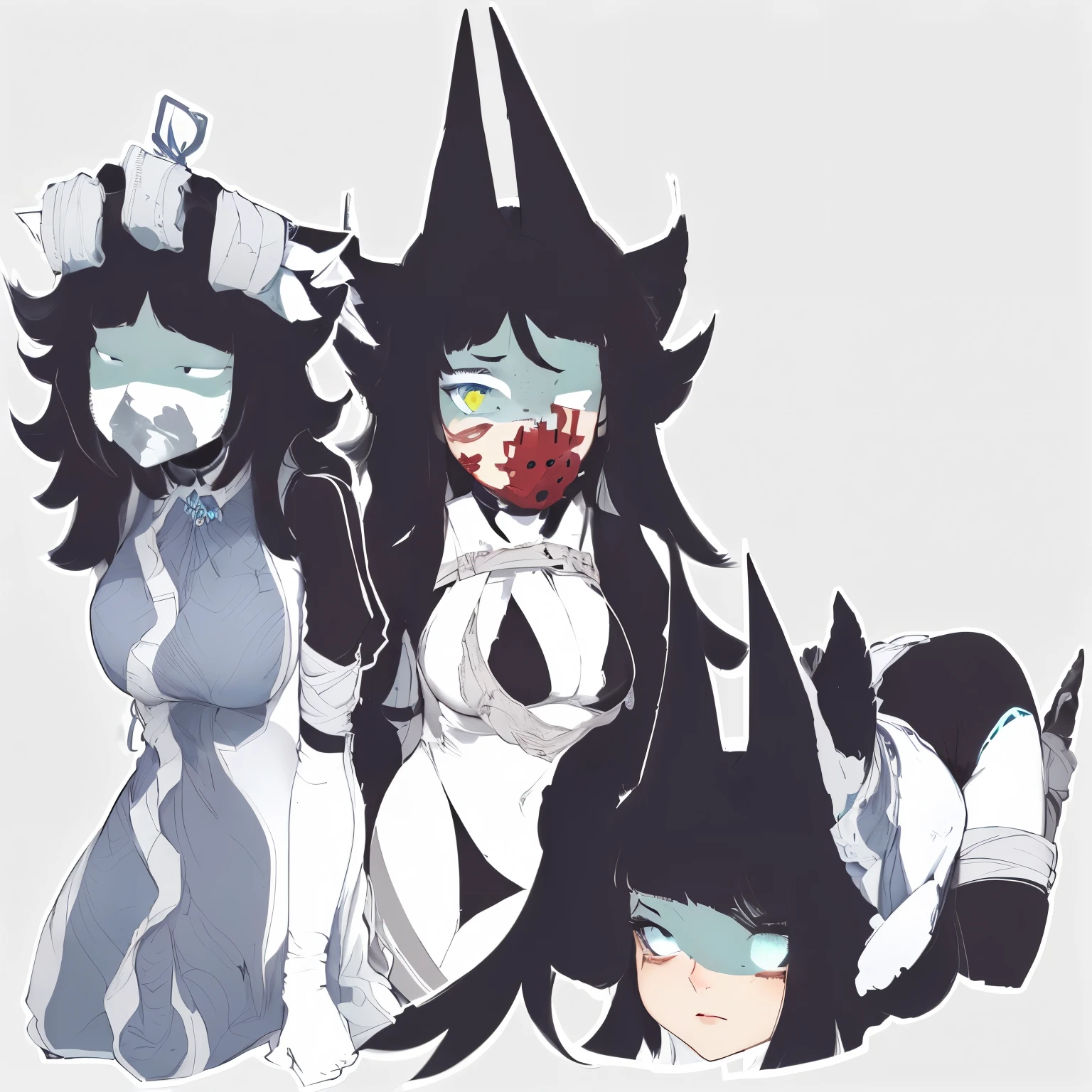 The image depicts three animated characters, named from left to right as Miss Thavel, Miss Circle, and Miss Bloomie. Each character has a unique appearance and seems to be in a restrained or bound state. Here's a detailed description of each character and what appears to be happening to them:
### Miss Thavel (Left)
- **Appearance:**
- **Hair and Features:** Miss Thavel has voluminous, wavy dark hair that extends well past her shoulders, with distinctive white streaks at the tips. Her hair partially covers her face, giving her an air of mystery. She has small, pointed fox-like ears peeking out from her hair.
- **Eyes and Expression:** Her eyes are partially visible, showing a look of apprehension or discomfort. The partial visibility of her eyes due to her hair adds to the sense of her being constrained and unable to fully express herself.
- **Outfit and Binding:** Miss Thavel's entire body is wrapped in tight, gray bandages, which cover her from her neck down to her feet. The bandages are applied in a way that clearly restricts her movements, pressing her arms tightly against her sides and wrapping around her legs to keep them together. The meticulous and tight wrapping suggests she has been thoroughly restrained to prevent any form of escape.
- **Posture:** She is kneeling or sitting with her legs folded beneath her, further emphasizing her helplessness. The tension in the bandages suggests she might have struggled at some point but is now resigned to her predicament.
### Miss Circle (Center)
- **Appearance:**
- **Hair and Features:** Miss Circle’s hair is wild and spiky, with dark strands interspersed with white streaks. Her large, triangular fox-like ears are prominently visible. Her hair partially obscures her face, but her wide mouth with sharp, triangular teeth is fully exposed, giving her a ferocious appearance.
- **Eyes and Expression:** One eye is visible through her hair, narrowed in a predato