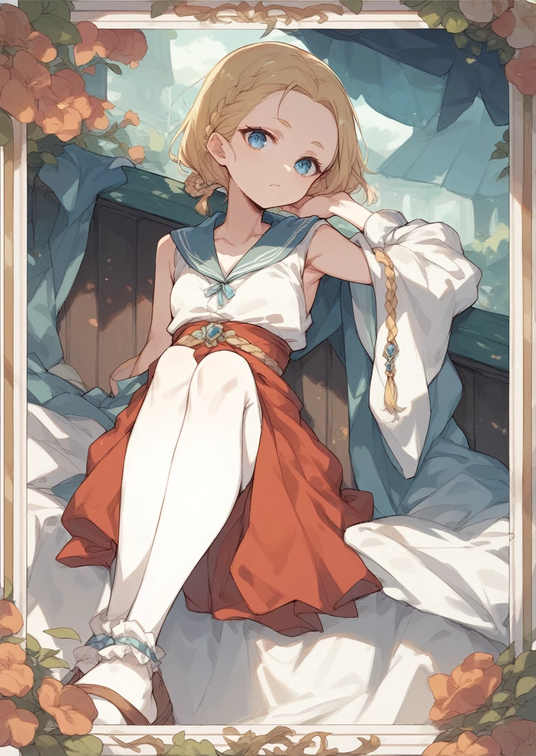 Blonde hair, forehead bangs, braided short hair, blue eyes, small breasts, angled above waist,