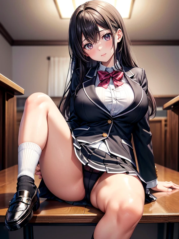 (Highest quality), Super detailed), (Ultra High Resolution 8K), High definition beauty, ((Skirt Lift)), Two cute smiling girls, (Big Breasts), Detailed blazer uniform, loafers, socks, Showing black panties , (Blushing, Embarrassing:1.3),, A large number of students, ((Seduce her by sitting at the lectern)), Panties that are damp