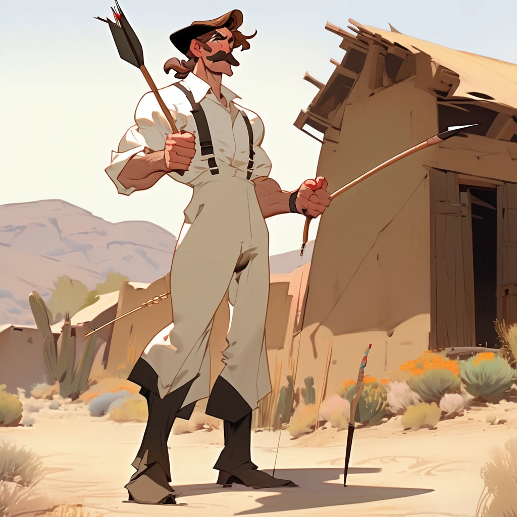 1man, Western, Brown wavy hair, strong Body, white dress shirt with, black suspender,black pants patched, Beret, big franch mustache, Arrogant, young adult, Muscular, full body, Holding a bow and arrow, Farm in the desert, Stable, Gray streak in hair