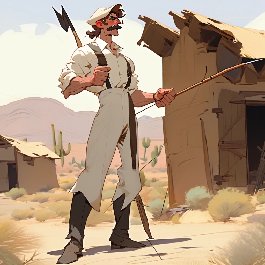 1man, Western, Brown wavy hair, strong Body, white dress shirt with, black suspender,black pants patched, Beret, big franch mustache, Arrogant, young adult, Muscular, full body, Holding a bow and arrow, Farm in the desert, Stable, Gray streak in hair