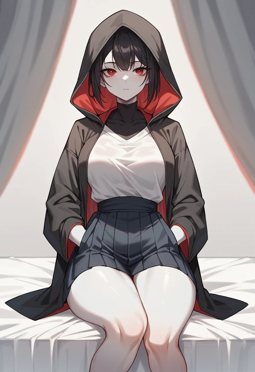 A girl with long black hair is sitting on the bed　Wearing a hood　He wears a black hoodie underneath his beautiful black ninja kimono.　Red eyes　She is wearing a black pleated skirt　White skin　tall　With bangs　Beautiful face　Thin legs　Smooth, long, straight hair　Long and narrow face　With waistline　Keeping your left hand in your pocket　Anime Style