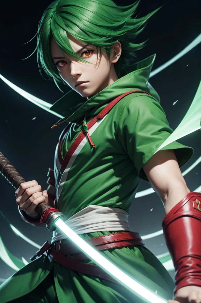 make an anime character, with green clothes, Two swords, one in each hand, and your electric red eyes