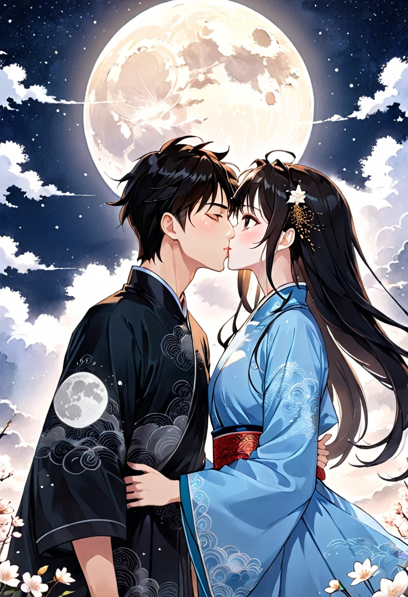 a couple in love under a full moon and starry sky, detailed anime style portrait, ancient chinese ink painting style art, manga cover style, moon behind them, clean and detailed anime style, guys, digital anime illustration, detailed and clean anime art, detailed manga style, illustration anime, anime style illustration, 4k anime style, detailed digital anime art，((kiss))