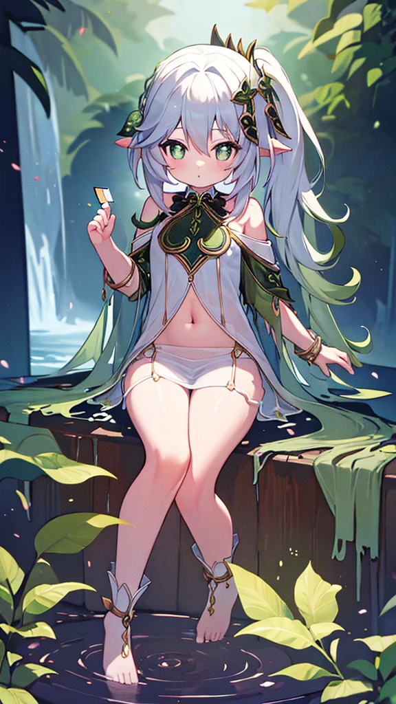 (MASTERPIECE), (Best Quality), (Ultra Detail), (Best Anatomy), (Best Hand Fingers), Official Art, One Girl,  Priestess , See-Through Robe, flat chest, Off Shoulder, Thigh Focus, Navel Out, Card Illustration, Deep Forest Fountain