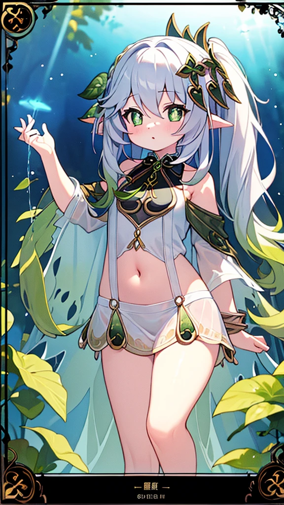(MASTERPIECE), (Best Quality), (Ultra Detail), (Best Anatomy), (Best Hand Fingers), Official Art, One Girl, Priestess , See-Through Robe, flat chest, Off Shoulder, Thigh Focus, Navel Out, Card Illustration, Deep Forest Fountain