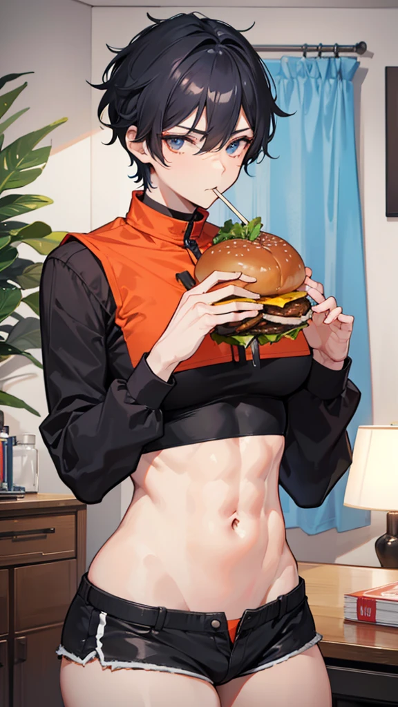 College . Boy. Male. Short hair. He is a handsome man, very disciplined and studious. He has a slim toned body and a thick rear, wears a black short short, making his voluminous large ass stand out. Male character. Orange crop top. Short Black messy boy hair. High quality. rear pointed at camera, eating a giant burger. bedroom.