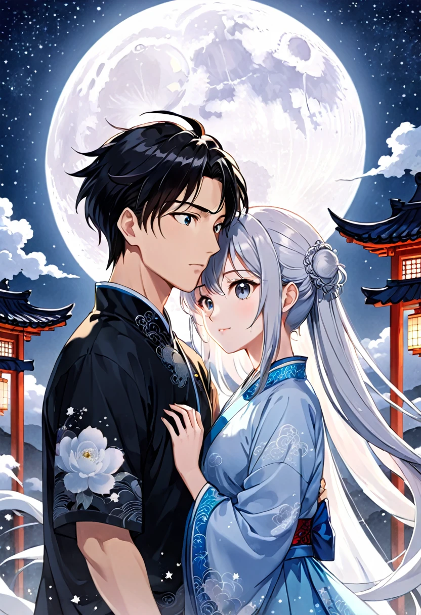 a couple in love under a full moon and starry sky, detailed anime style portrait, ancient chinese ink painting style art, manga cover style, moon behind them, clean and detailed anime style, guys, digital anime illustration, detailed and clean anime art, detailed manga style, illustration anime, anime style illustration, 4k anime style, detailed digital anime art