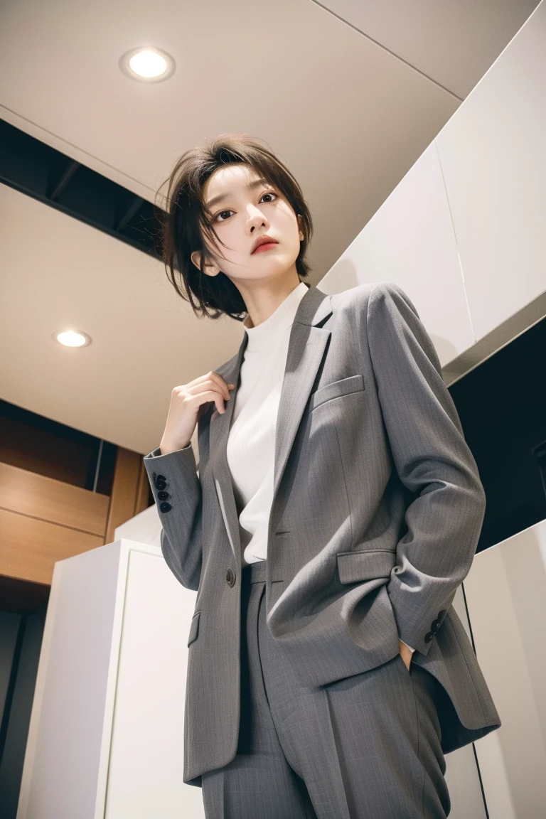 A female spy is arrested、Suspended from the ceiling。The outfit is a chic suit。