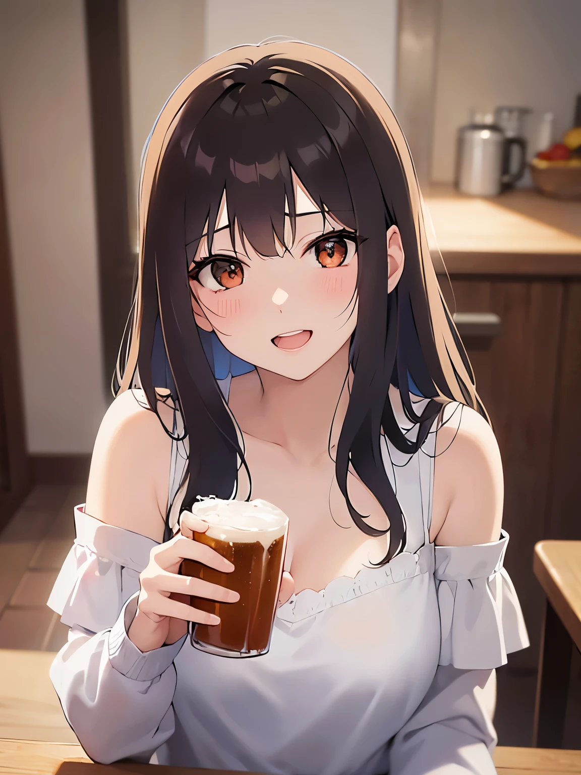 cleavage、cooking, holding a beer, Realistic, real person, (pale skin: 1.2), RAW photo, photorealistic, shiny skin, shiny hair、(A 25-year-old woman with medium-length hair and bangs) and (wavy hair) and (brown hair) and (Orange Eyes) , (white) and (off shoulder blouse) 、(blush:1.3), smile, open mouth、Alone、Sitting、Dining table in the background、(night:1.5)