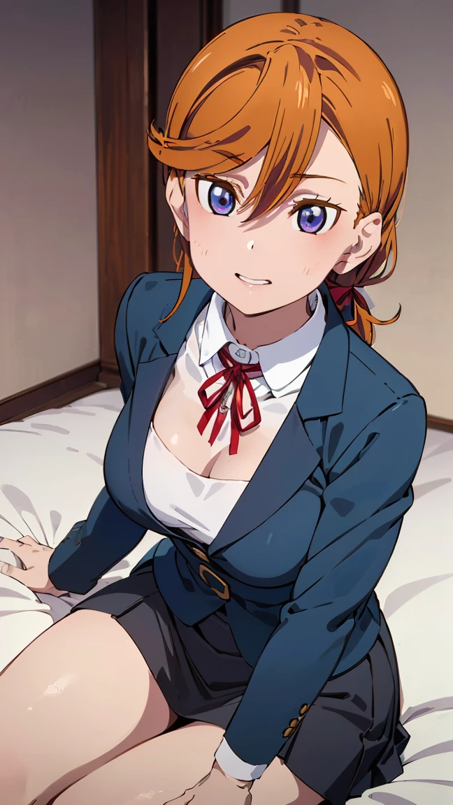 Shibuya Kanon, (((Lying in bed: 1.3))), (Lying in bed: 1.3)), Undressed, Undressed, High quality, (8K, Raw, Highest quality, Masterpiece rating: 1.2), Ultra high quality, High quality, High standard quality, Best quality, Perfect legs and hands, Perfect fingers, ((Yuigaoka Girls' High School detailed deal: 1.5)), ((Navy blue blazer: 1.5)), ((Grey dress and skirt: 1.5)), ((Red ribbon: 1.5)), High resolution, - (White panties), (White bra), Lying on back, White skin, (Slim figure: 1.2)), (((Medium breasts: 1.3))), (((Thin thighs:))) 1 . 3))), (((Girl's Room:1.4)), Bed, (White Background))), Blake,  Model, (Cute Face, Detailed Face), (Blue Hair, Ponytail Hair, Bangs), Blue Eyes, Detailed Photo of Beautiful Face, Young Handsome Girl, Real:, Perfect Skin, Bokeh, Stunning Facial Expressions, Restless Emotions, Gorgeous, Cute, Detailed Beautiful Face and Eyes, (Blue Eyes)), (Audrey Hepburn), ((Very Cute and Beautiful Japanese Woman)), (17 Years Old), Blake, Detailed and Beautiful Skin and Cleavage, (Cute Type), (Blonde Hair), (J-Pop Idol), (Thighs), (Depth of Field), Soft Light, Sparkly Lenses Staring at the Viewer, (Droopy Eyes), Straight Teeth, Shy Smile, Floating Hair, Blue Eyes, Blake Movie Scene, Cinematic Full Color, 4K, 8K, 16K Lace, raw photo, must-have movie, professional color grade, professional photo, school girl, soft and clean focus, realistic lighting and shading, (very delicate and beautiful artistic), elegant, active angle, dynamic pose break, bright blue eyes, beautiful eyes, princess eyes, (not big eyes), (slender), (upper midriff: 0.95), (thin waist: 1.15), (beautiful girl details), open lips, red lips, full makeup face, (glowing skin), (perfect female body), (total length: 1. Perfect anatomy, perfect proportions, beautiful Korean actress face, very cute and beautiful Japanese actress face), (blush)