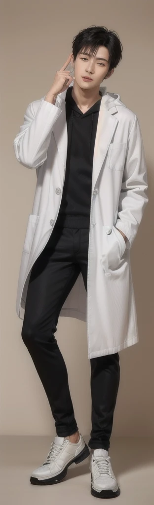 (photorealistic:1.2), (high detail face:1.3), (high detail hands:1.3), (anatomically correct hands:1.2), handsome young asian man, Japanese idol style, short clean-cut hair, ((center part)), (crisp white lab coat:1.3), ((black hoodie underneath:1.2)), (black pants:1.2), (black shoes:1.2), calm confident expression, (holding a product in right hand:1.3), (pointing with left index finger:1.3), explaining pose, plain white background, mid-shot portrait, full body view, high quality, detailed, 8K, (realistic skin texture:1.2), (sharp focus:1.1), (contrast between white coat and black clothing:1.2)