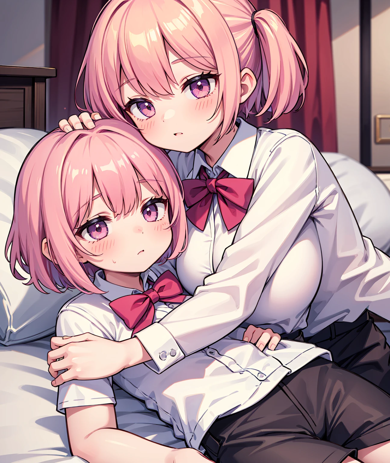 masterpiece, Highest quality, so beautiful, absurdists,High resolution,One girl, One boy,Cuddling in bed, like,sexly,Look at each one, blush,Age difference,bow tie,blondes,chest,Long Hair,Pink Hair,Tucked in shirt,short hair,skirt,Tent shirt,Slut,Big breasted sister and brother,Siblings,Trousers with bulging crotch,Pushing her big tits against her brother,My brother's penis erect in his trousers,My brother's small erect penis