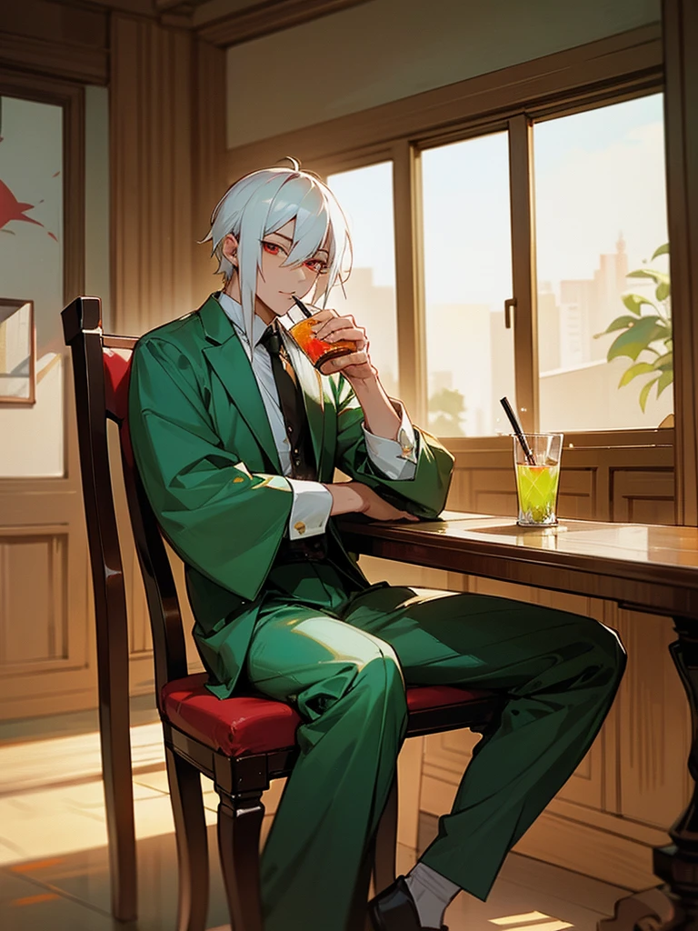 Photo of a handsome Asian man, sitting alone, White hair, red eye, is drinking avocado juice, bar table, wear casual outfits, fine quality, Good, photos taken by professional photographers