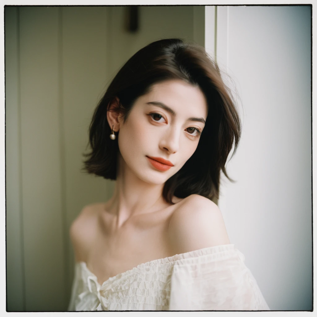 Close up portrait of a beautiful face Japanese girls ,still from the film, ((solo)), (Anne Hathaway look alike face: 1.2), Leica SL3, Summicron-SL 75 f/2 ASPH, kodak gold 200 film, bare shoulder, dynamic action pose,