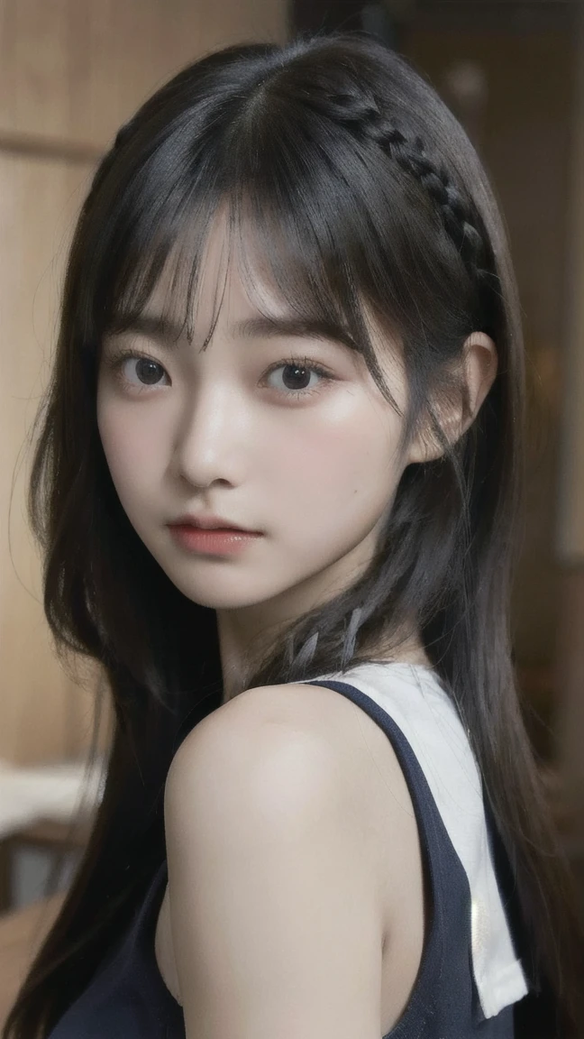 Portrait of a young East Asian girl in a navy blue and white sailor-style . She has long black hair styled in two braids, with straight bangs across her forehead. The girl has large, dark eyes and a small, delicate nose. Her expression is neutral, looking directly at the camera. The background shows a dark blue wooden wall with some green ivy or vine leaves visible to the side. The lighting is soft and natural, creating a slightly moody atmosphere. High-resolution image with sharp focus on the face