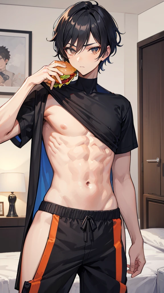 College boy. Boy. Male. Short hair. He is a handsome man, very disciplined and studious. He has a slim toned body and a thick rear, wears a black short short, making his voluminous large ass stand out. Male character. Orange crop top. Short Black messy boy hair. High quality. rear pointed at camera, eating a giant burger. bedroom.