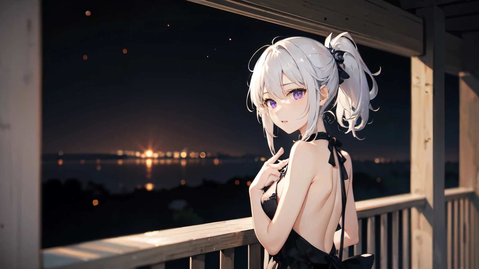 When night falls、A beautiful girl with white hair tied in a ponytail stands on the terrace.、starをつかむように手を伸ばしている。Her purple eyes、star々It shines mysteriously while reflecting the light of the。quiet night、Her appearance is fantastical, like a scene from a dream.。