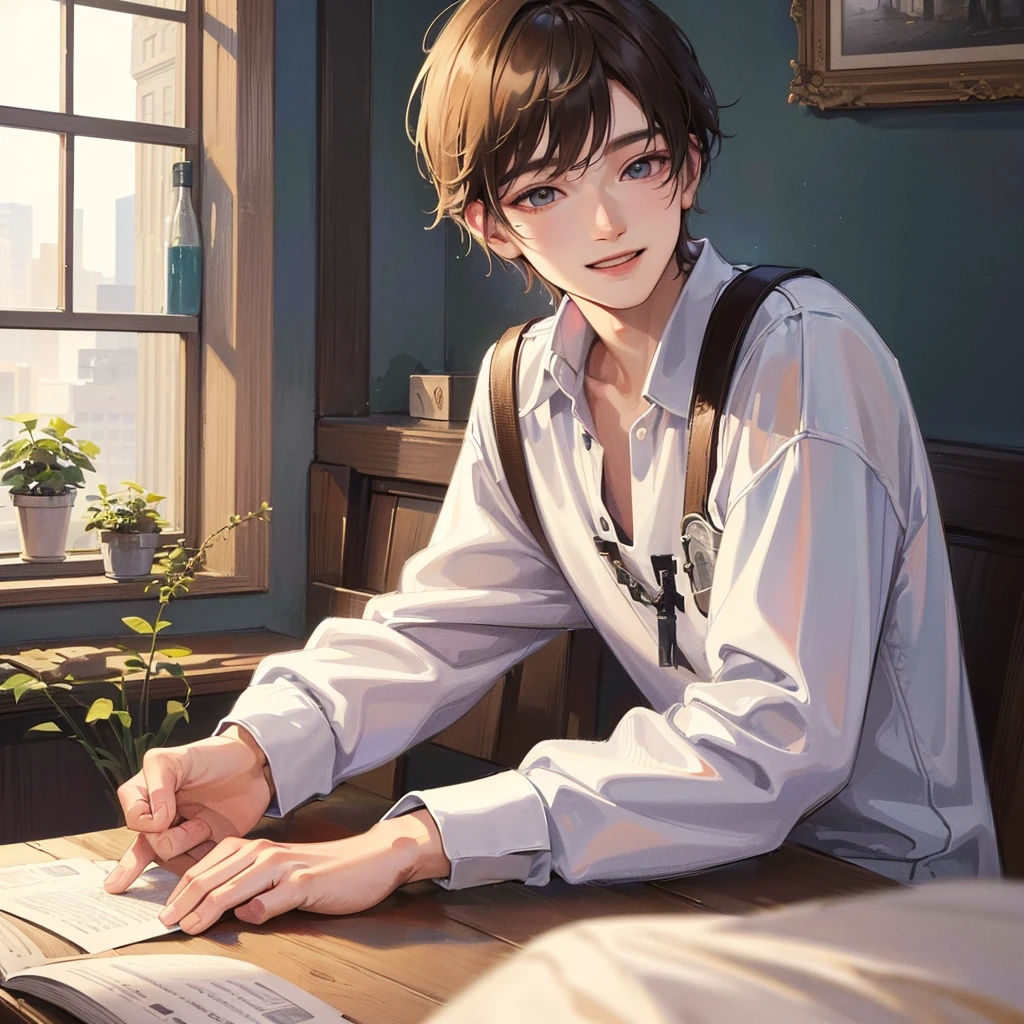 (best quality,4k,8k,highres,masterpiece:1.2),ultra-detailed, (looking at viewer) 1 boy, young man, casual clothes, 22 years old, smile, indoors next to window, dynamic lighting, detailed, splash colors, close up