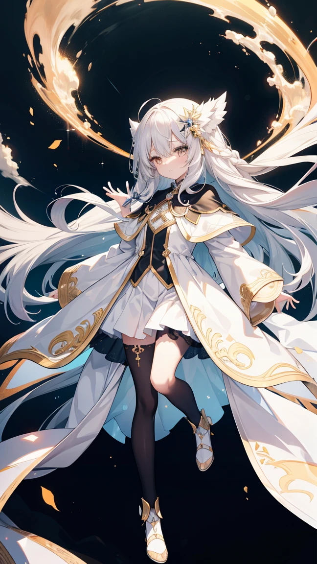 A ,Female face,White long hair,Golden Eyes,There are bright spots in the eyes,Female hands,Black suit,White Cape,Full body clothing,White Cape白皙的小手,Normal fingers,masterpiece,Delicate and exquisite的二次元精美画风,Delicate and exquisite,8K high quality,CG Wallpaper,HD,flat chest,Solitary