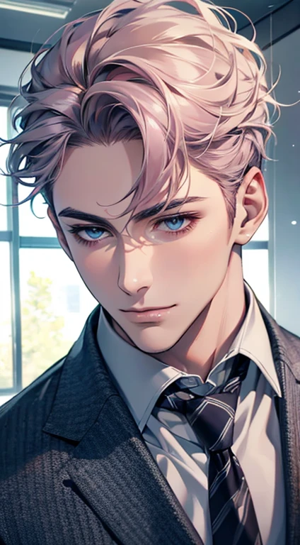 (Highest quality,4K,8K,High resolution,masterpiece:1.2),Super detailed,(Realistic,photoRealistic,photo-Realistic:1.37),1 person,31 years old,Mature Men,Beautiful skin、very handsome,Expressionless,smile,Short gray pink hair,blue eyes,Sharp Eyes,A perfect face without a doubt,Businessman,Office Background,Cinema Lighting,HDR image,tie、