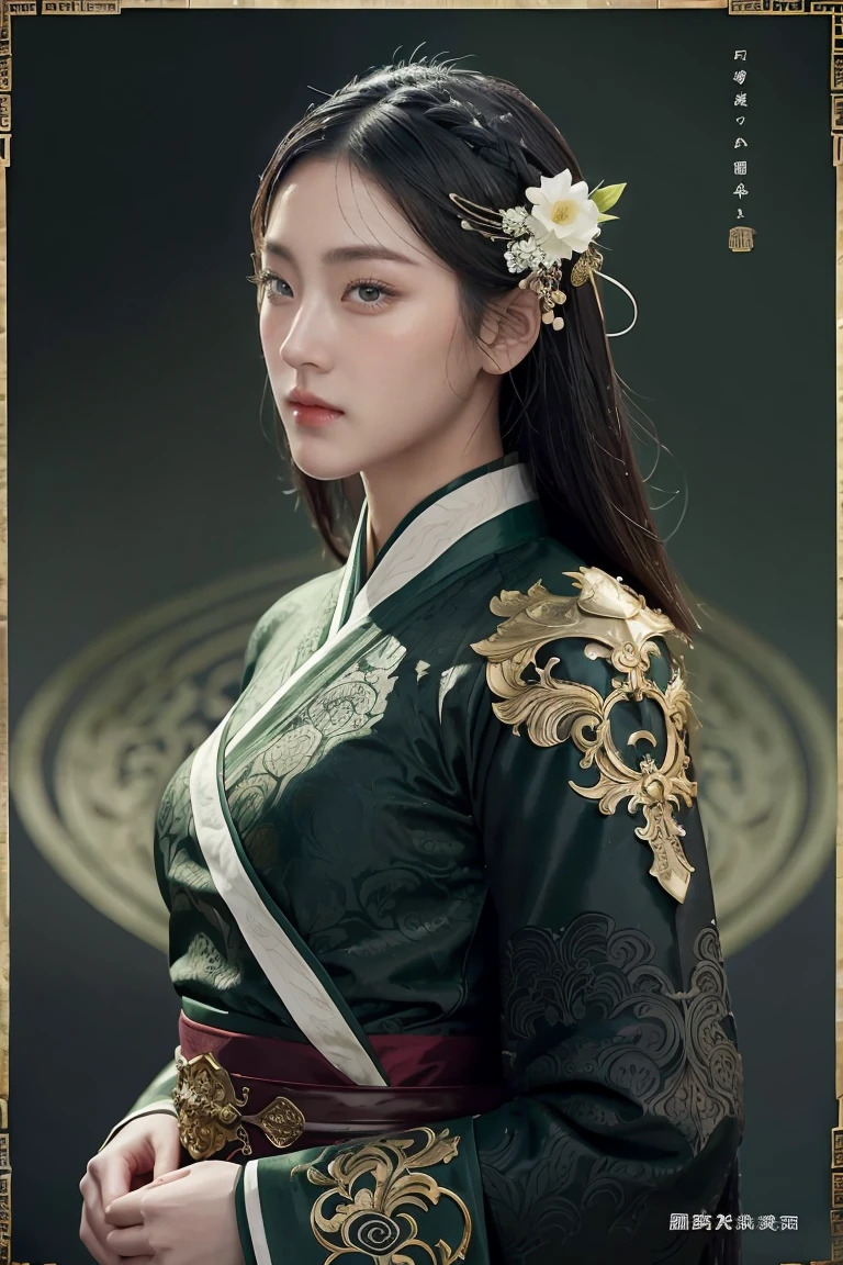 1 girl, heroine, handsome, splashed ink, Chinese armor, (upper body), black hair, floating hair, delicate eyes, black and green antique damask Hanfu, fov, (f1.8), (masterpiece), (portrait shot), front shot, white background, (movie poster), weapon