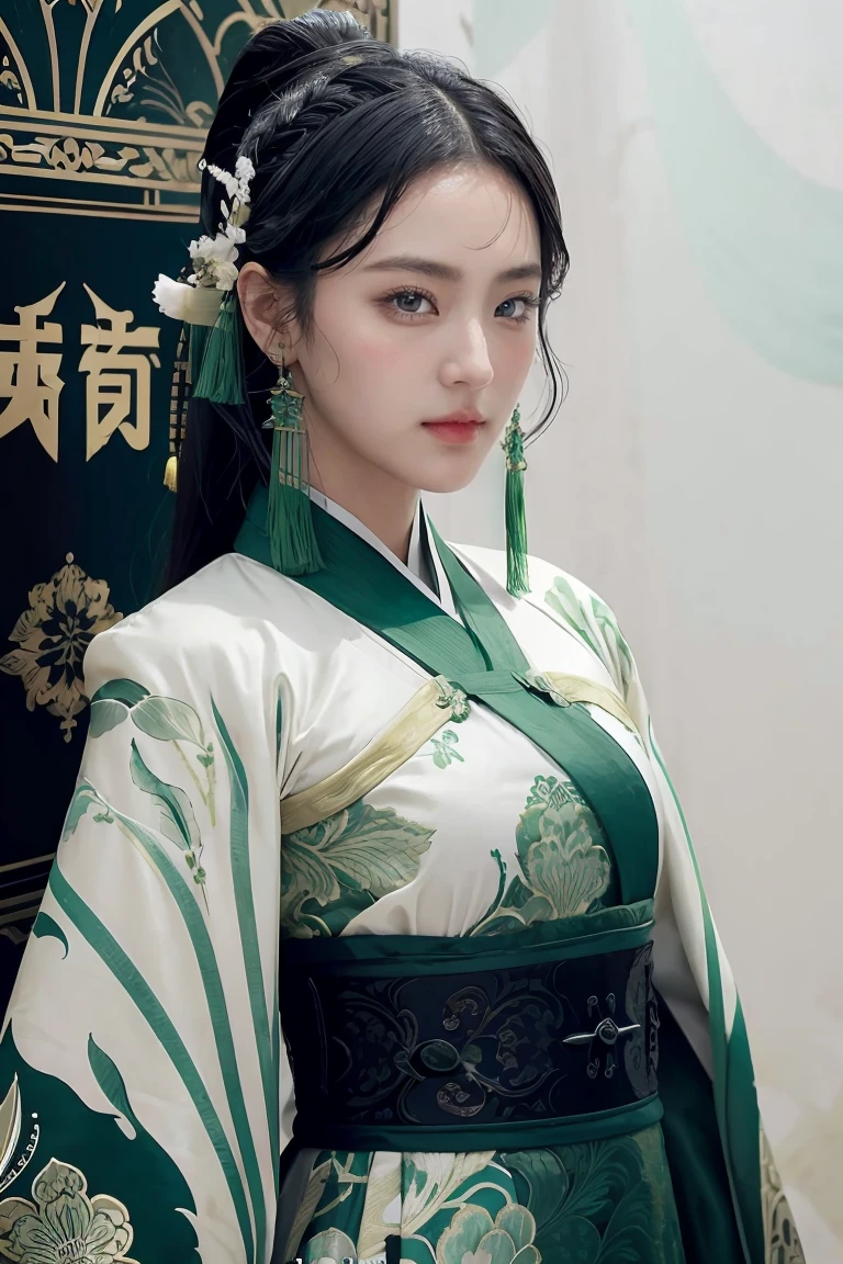 1 girl, heroine, handsome, splashed ink, Chinese armor, (upper body), black hair, floating hair, delicate eyes, black and green antique damask Hanfu, fov, (f1.8), (masterpiece), (portrait shot), front shot, white background, (movie poster), weapon