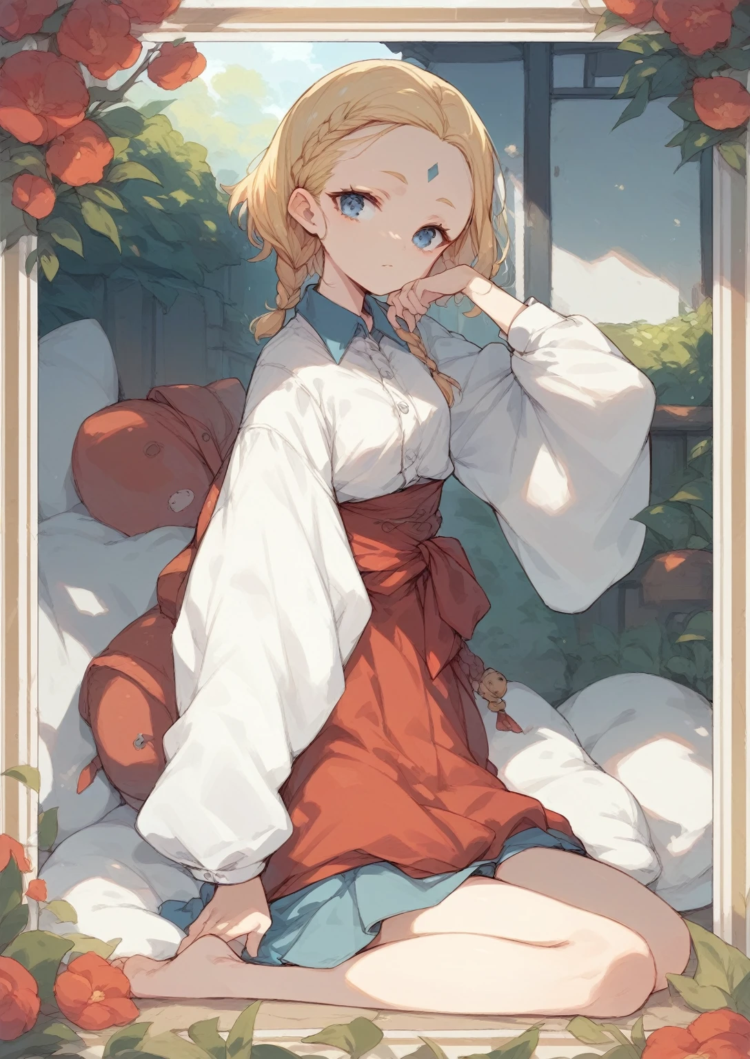 Blonde hair, forehead bangs, braided short hair, blue eyes, small breasts, angled above waist, 1girl,