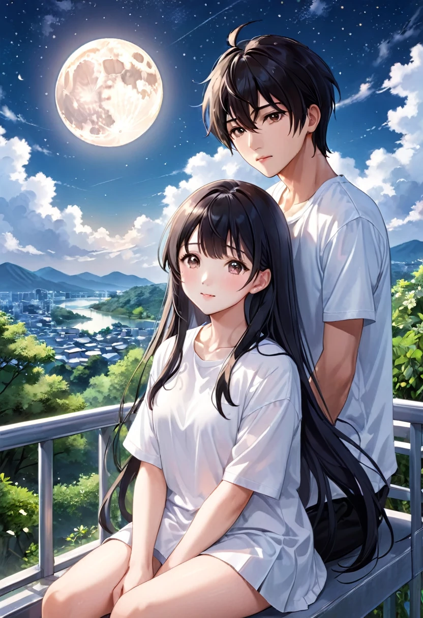 Couple, There are only two people, A beautiful woman with long hair wearing a white shirt, cute anime-style face, realistic anime girl, Chisato, black hair with bangs, Kurumi, cute and delicate face, young cute pale Asian face, Sakimichan, midday moon and stars in the sky, Realistic anime boy, A handsome boy in a white shirt, girl sitting in boy&#39;s arms, Smiling at the camera, kiss, Look at each other