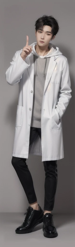 (photorealistic:1.2), (high detail face:1.3), (high detail hands:1.3), (anatomically correct hands:1.2), handsome young asian man, Japanese idol style, short clean-cut hair, ((center part)), (crisp white lab coat:1.3), ((black hoodie underneath:1.2)), (black pants:1.2), (black shoes:1.2), calm confident expression, (holding a product in right hand:1.3), (pointing with left index finger:1.3), explaining pose, plain white background, mid-shot portrait, full body view, high quality, detailed, 8K, (realistic skin texture:1.2), (sharp focus:1.1), (contrast between white coat and black clothing:1.2)
