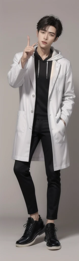 (photorealistic:1.2), (high detail face:1.3), (high detail hands:1.3), (anatomically correct hands:1.2), handsome young asian man, Japanese idol style, short clean-cut hair, ((center part)), (crisp white lab coat:1.3), ((black hoodie underneath:1.2)), (black pants:1.2), (black shoes:1.2), calm confident expression, (holding a product in right hand:1.3), (pointing with left index finger:1.3), explaining pose, plain white background, mid-shot portrait, full body view, high quality, detailed, 8K, (realistic skin texture:1.2), (sharp focus:1.1), (contrast between white coat and black clothing:1.2)
