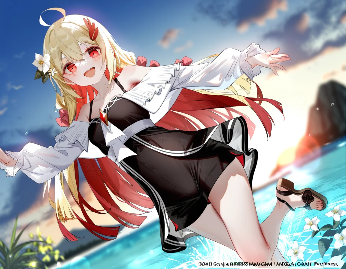 1girl, (azumi kazuki:1.1), ciloranko:1.1, (omone_hokoma_agm:1.1), (pottsness), ((absurdres, official art, masterpiece)), best aesthetic, best quality, ultra detailed, intricate details, new, newest, glossy hair, moist skin, 18 years old, adult woman, medium breasts, blurry background, depth perception, solo, subject focus:1.1, depth perception, empty eyes, red eyes, solo, outdoors, long hair, shorts, water, ahoge, looking at viewer, long sleeves, sunset, standing, bare shoulders, hair ornament, black shorts, sandals, smile, wading, open mouth, sky, standing on one leg, shirt, flower, sun, hair between eyes, short shorts, blonde hair, very long hair, :d, dress, white flower, outstretched arm, cloud, off shoulder, black footwear
