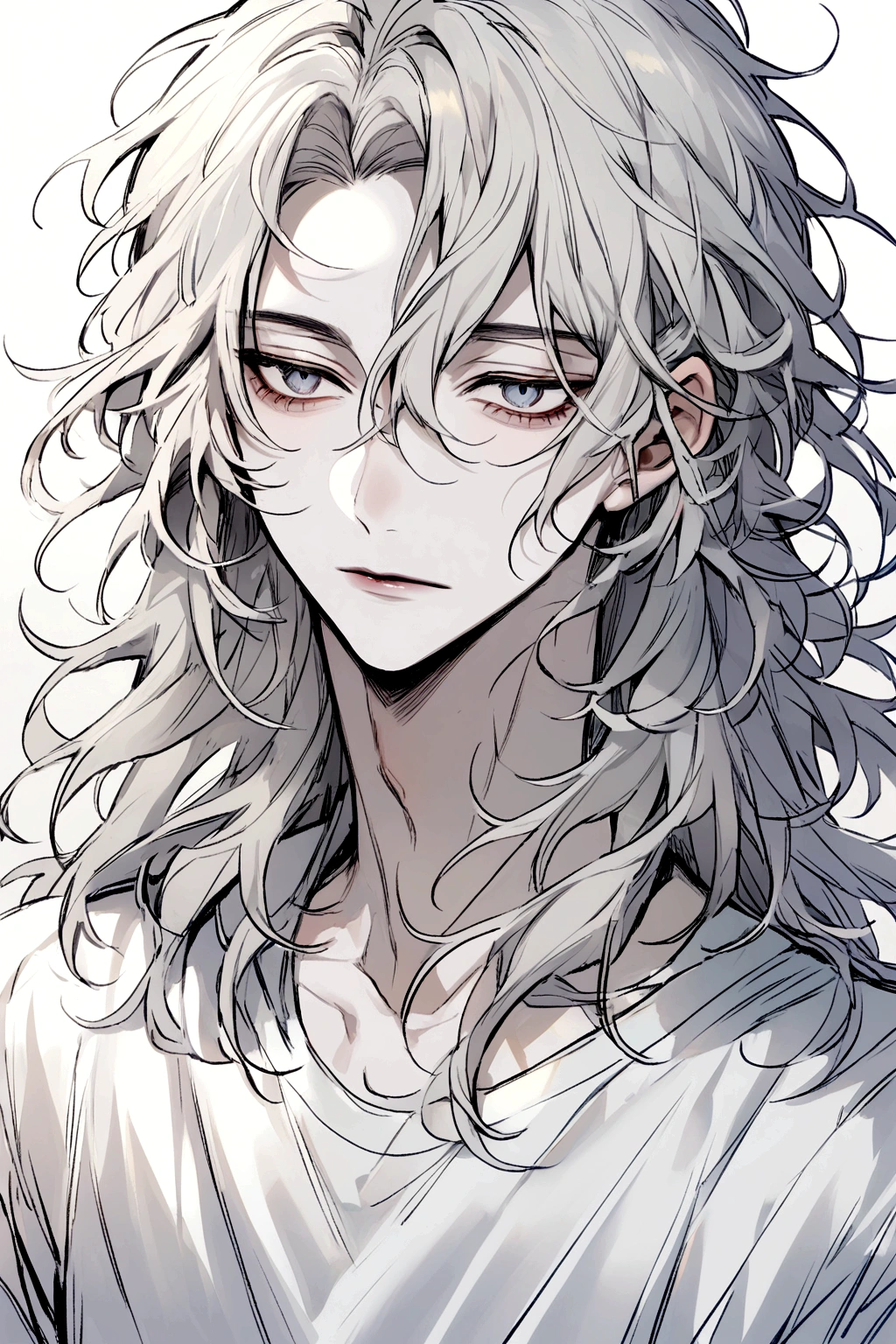 aesthetic style, male with feminine face, white haired, pale skin, messy hair, hair length to neck, white plain t shirt