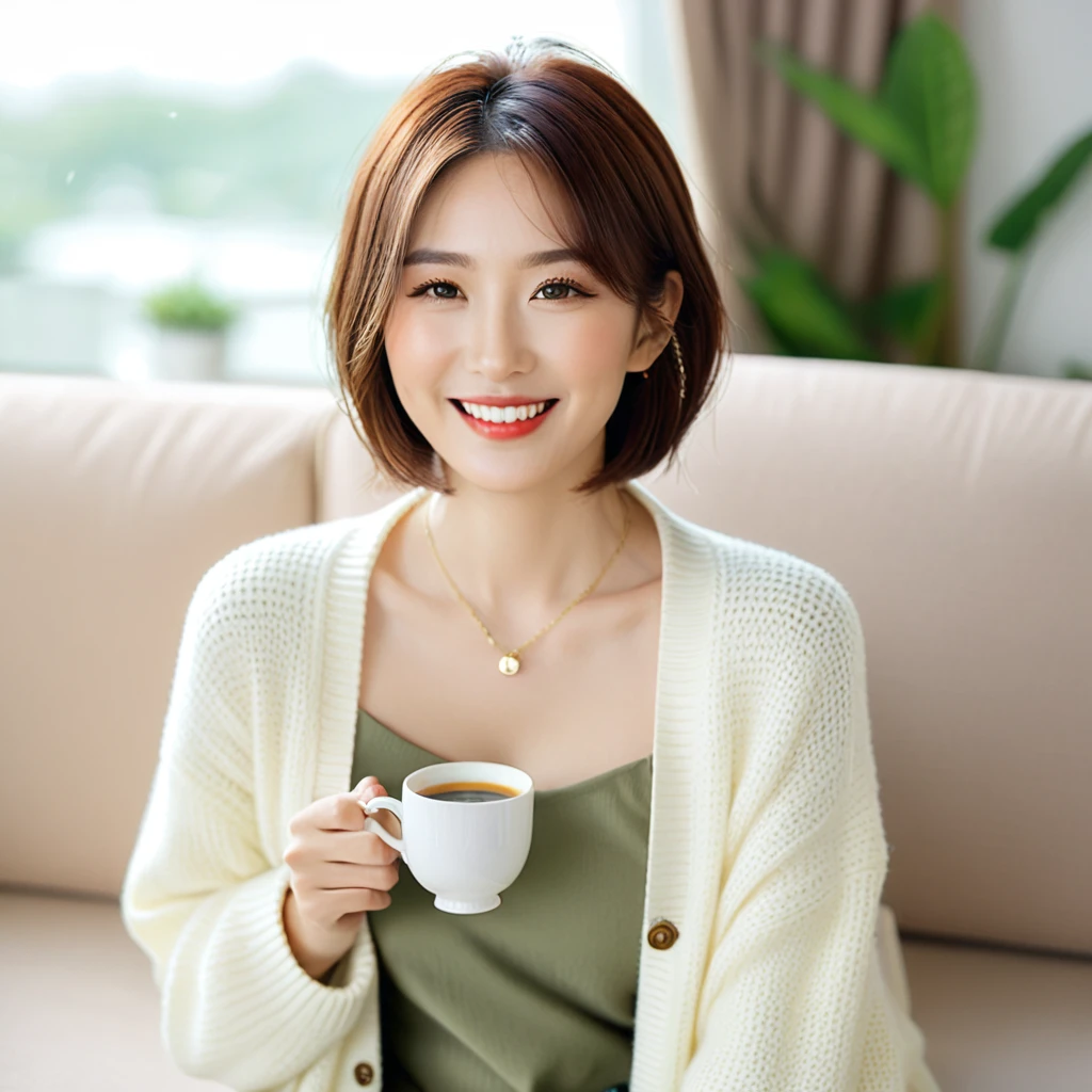 Beautiful Korean woman close-up, Chest 32 inches, Wear a cardigan with a blouse, Short Medium Hair, smile. necklace, Sitting on the couch and drinking coffee, porcelain coffee cup, Bokeh Background, Ultra-high resolution